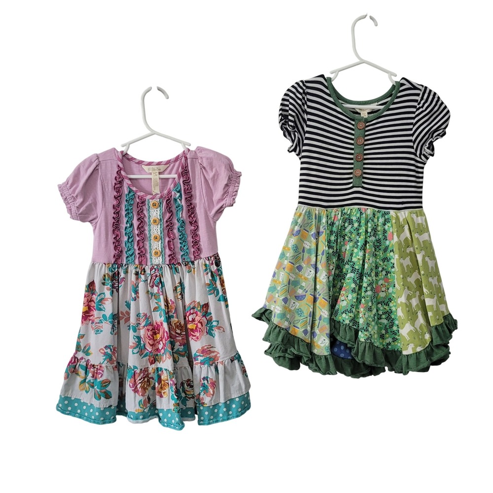 Matilda Jane Lot of 2 Size 4 Dress Joanna Gaines Striped Floral Ruffle Patchwork